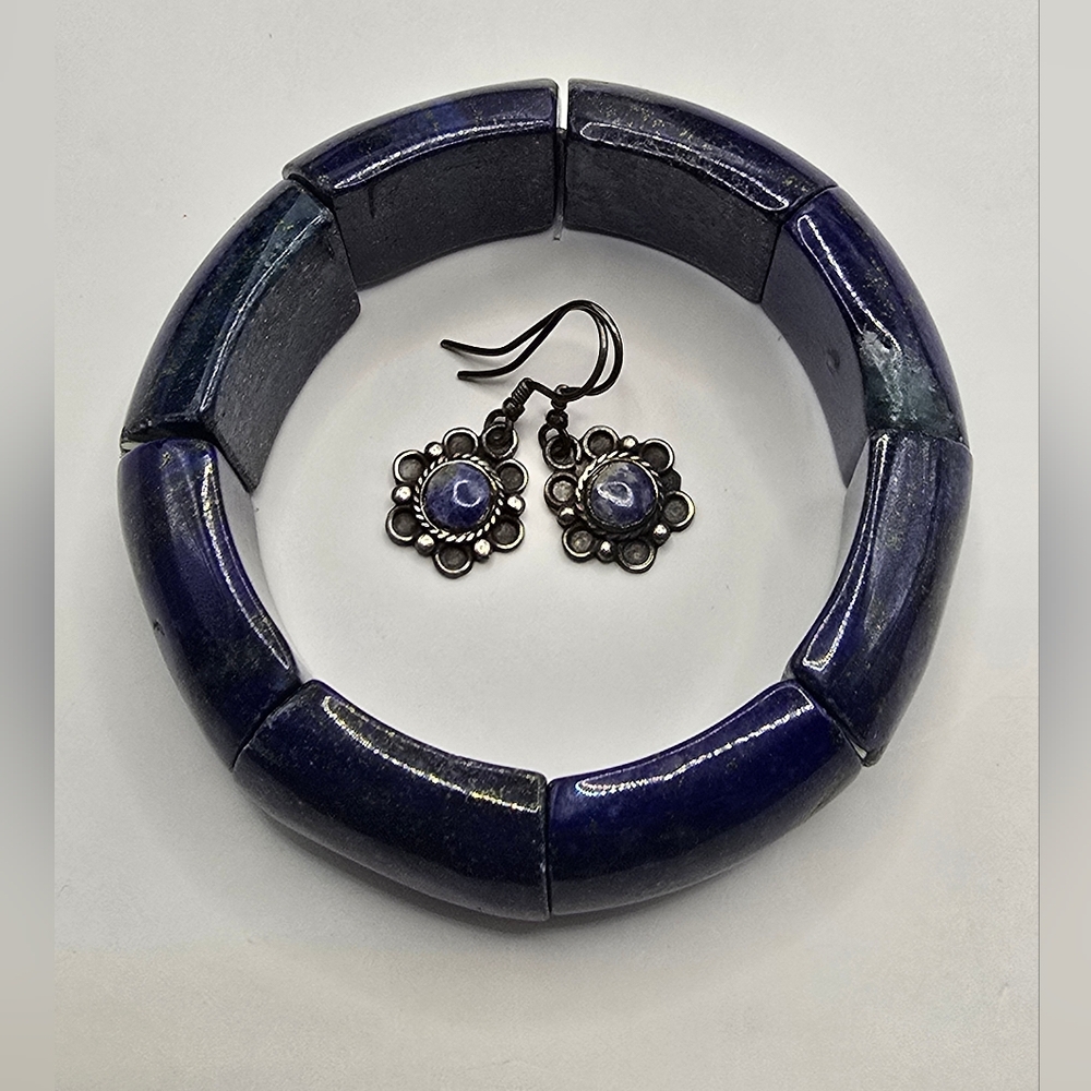 Lapis Lazuli Jewelry Set Chunky Stretch Bracelet & Earring Set
